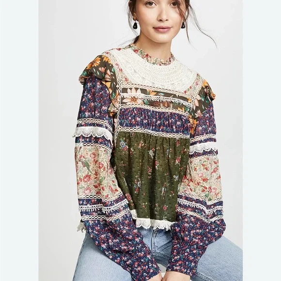 Farm rio Purple and Cream Tiered Ruffled Blouse with Bib Collar M - Picture 1 of 5